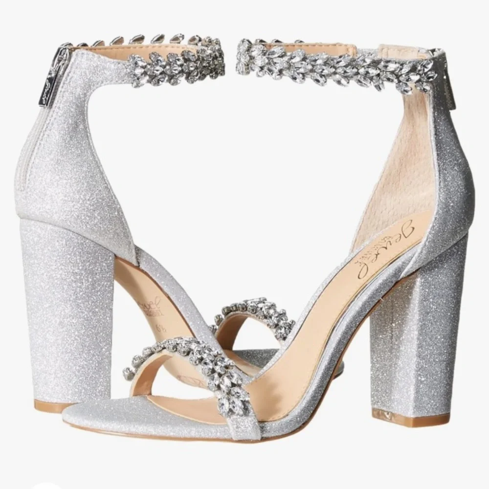 NWT Jewel Badgley Mischka Mayra Silver Ankle Strap Evening Shoes Size 6.5. - Picture 1 of 13